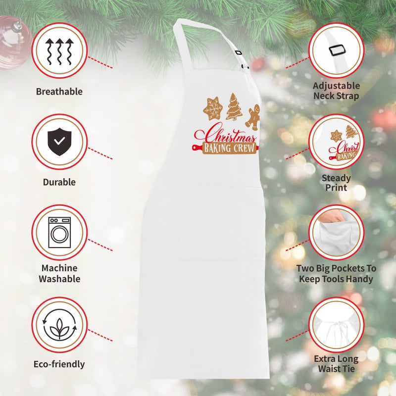 Saukore Funny Christmas Baking Apron for Women Men, Holiday Baking Gifts for Bakers, White Xmas Kitchen Chef Cooking Aprons with 2 Pockets, Cute Christmas Apron Gift Stocking Stuffers - Christmas Baking Crew - Image 3